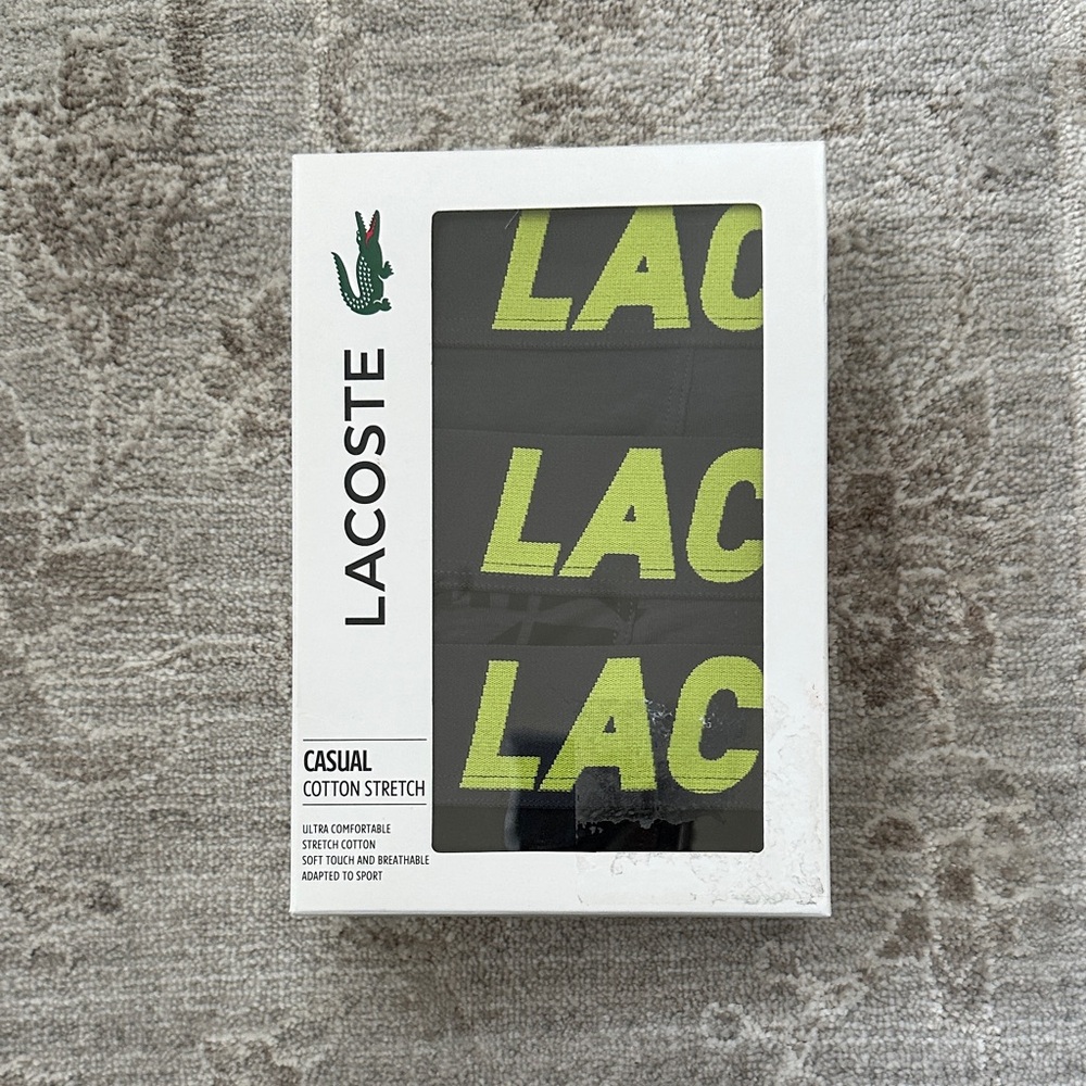 Lacoste 3 pack of Men’s Medium Boxer Briefs. Gray and Black with Yellow Lacoste
